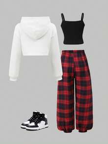 SHEIN 青少年女孩秋冬三件套：抓絨內裡長袖連帽短版衛衣 + 羅紋針織細肩帶背心 + 時尚紅黑格紋慢跑褲，舒適個性穿搭 - 彩色 - 查看 2