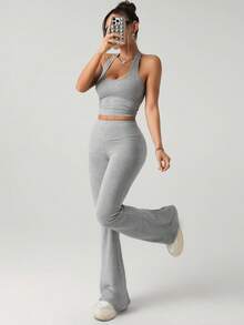 SHEIN ICON 女款極簡百搭掛脖背心與喇叭長褲套裝 - 灰色 - 查看 5