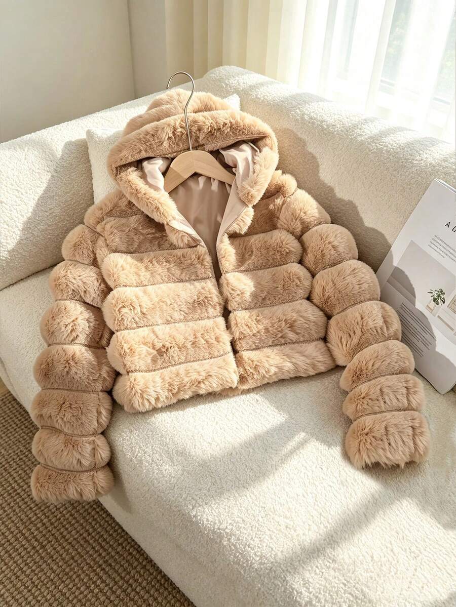 女童連帽外套,採用柔軟長毛兔毛面料製成,觸感細膩蓬鬆,穿著保暖舒適。抽繩紋理設計為外套增添豐富層次感,連帽款式提升秋冬實用性與時尚感。適合秋冬日常出遊、校園穿著與休閒搭配,保暖百搭。 - 卡其色 - 查看 1