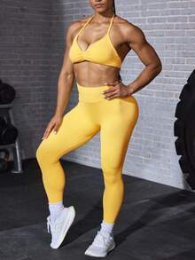 Solea Cove Women's Backless Halter Top & Leggings Outdoor Set - Yellow - View 6