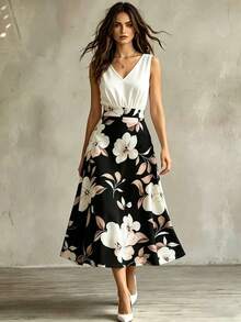 SHEIN Franclia 女士优雅连衣裙、女士休闲连衣裙、女士白色连衣裙、女士碎花连衣裙、女士无袖连衣裙、女士度假连衣裙、沙滩连衣裙、女士正式连衣裙、夏季连衣裙、假日套装、女士夏季套装、沙滩套装、正式连衣裙 - 黑色 - 查看 2