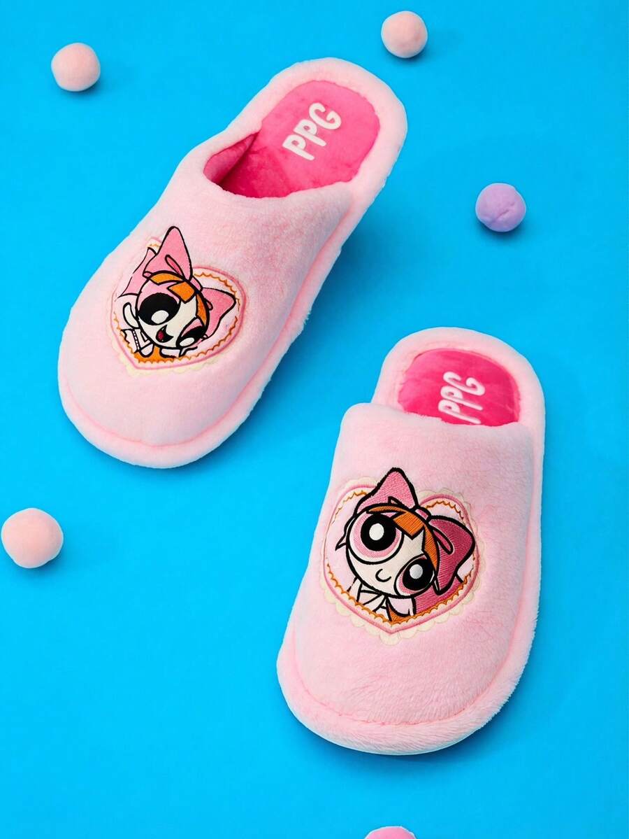 THE POWERPUFF GIRLS X Joivida 1雙粉色刺繡刷毛拖鞋,冬季防滑平底,室內外皆可穿懶人風,網紅同款愛心刺繡,女款加厚保暖居家鞋,適合學生宿舍,舒適禮物 - 粉色 - 查看 1