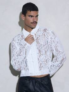 FeverCity Men's Lace Casual Daily Long Sleeve Zip Jacket, For Spring, Outdoor - White - View 5