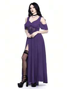 ROMWE Goth 哥特式刺绣镂空深V领露肩高开衩女式连衣裙 - 紫色 - 查看 7