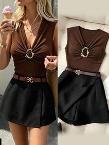 SHEIN Clasi Women's Summer Casual Sexy Tank Top Skort 2 Pieces Set Night Out Club Chocolate Brown Black - Multicolor - View 2