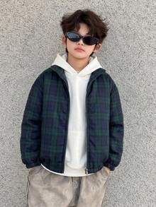 Dazy Kids Plaid Collar Thick Autumn/Winter Jacket Cool Tween Boy Cotton Padded - Blue - View 5