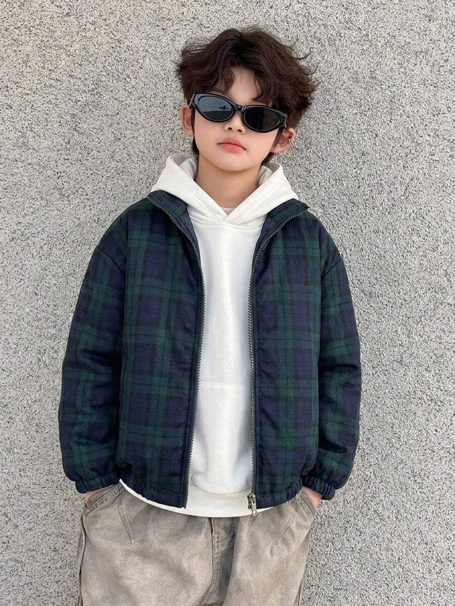 Dazy Kids 格子領厚款秋冬夾克酷帥青少年男孩棉填充外套 - 藍色 - 查看 1