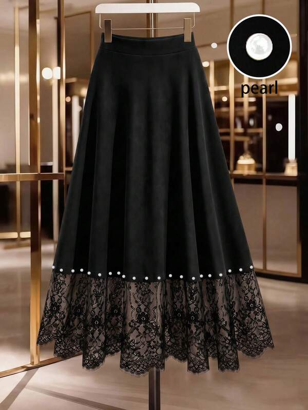 GlowEve CURVE Plus Size Black Pearl Embellished Lace A-Line Skirt