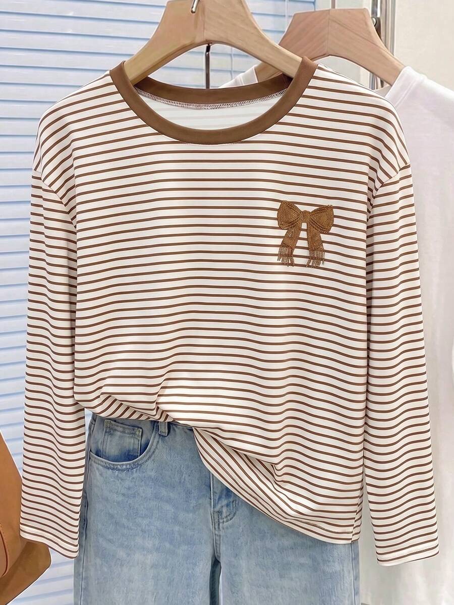 Comfortcana Women's Striped Patchwork Bow Print Casual Daily Long Sleeve T-Shirt - Multicolor - View 1