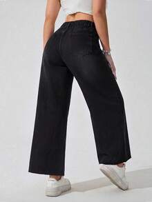 SHEIN ICON 女款大尺碼直筒牛仔褲，附口袋、鈕扣與毛邊褲腳 - 黑色 - 查看 2
