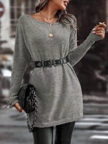 Elafinee Women's Solid Color Casual Versatile Daily Pullover Sweater - Grey - View 6