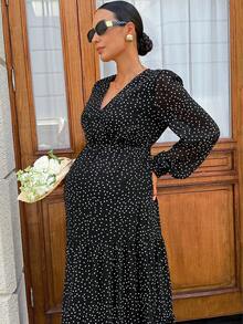 MaterniWear Maternity Polka Dot Print Lantern Sleeve Dress Fall - Black - View 9