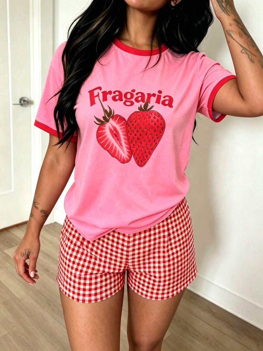 INAWLY Women's Casual Letter Strawberry Print Short Sleeve T-Shirt And Plaid Shorts Set