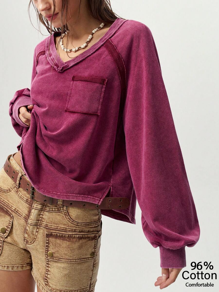 Bohemela Casual Solid Color Knit V-Neck Long Sleeve Loose Fit Women's Sweatshirt - Burgundy - View 1