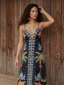 CAJUNI Women's Casual Palm Tree Geometric Pattern Spaghetti Strap Dress For Vacation - Black - View 5