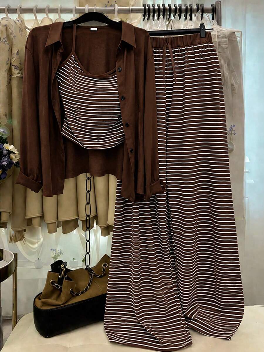 SHEIN 青少年女孩復古街頭風棕色三件套 素色翻領長袖襯衫 黑色白色條紋細肩帶背心 寬腿褲 正式派對秋季穿搭 - 棕色 - 查看 1