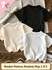 Souflis Souflis 1件隨機款 3款女童幼兒返校季創意卡通文具花卉棕櫚書本裝飾圖案彩色字母印花基本款短袖T恤 - 黑色 - 查看 2
