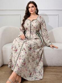 Al Najma 大尺碼女款阿拉伯式花卉印花交叉繫腰洋裝 - 彩色 - 查看 3