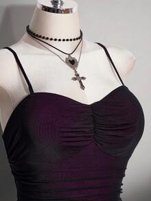 SHEIN ICON 女款大尺碼黑紅拼色不對稱下擺細肩帶洋裝 - 紫色 - 查看 7