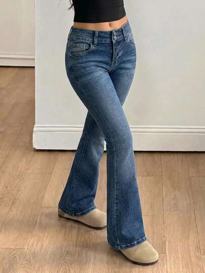 SHEIN Tween Girls' Blue Denim Wide Waistband Stretch Flare Leg Pants Halloween World Cup Graduation Casual Back To School Summer Winter Fall