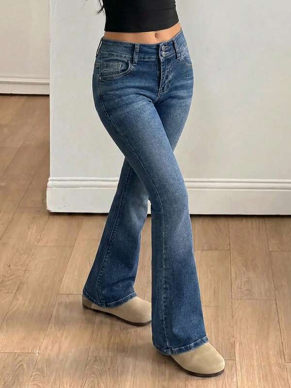 SHEIN Tween Girl Girls' Blue Denim Wide Waistband Stretch Skinny Flare Leg Pants Halloween World Cup Graduation Casual Back To School Summer Winter Fall