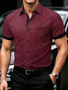 Manfinity Mode 男士夏季全印花前排扣商務休閒短袖襯衫，正式款 - 酒紅色 - 查看 1