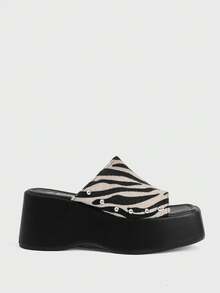Sugerpunk Ladies, Spike Buckles, Lame-Heeled Platform Sandals. - Beige - View 1