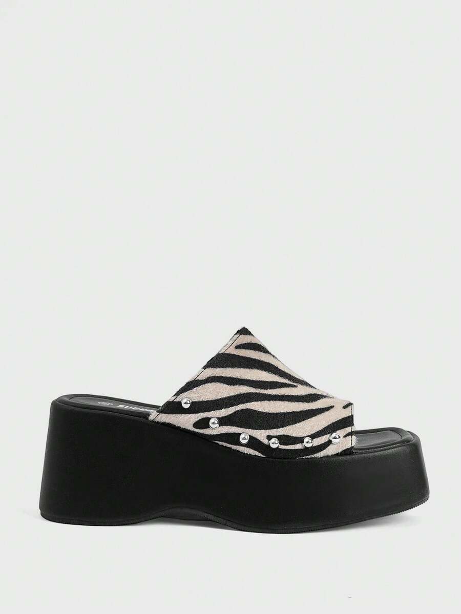 Sugerpunk Ladies, Spike Buckles, Lame-Heeled Platform Sandals. - Beige - View 1