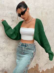 EURMUSE Y2K Grunge Drop Shoulder Open Front Crop Cardigan Without Tube Top - Green - View 4