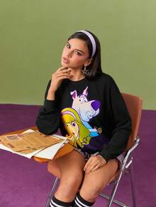 SCOOBY-DOO X SHEIN Women's Casual Gradient Cartoon Printed Loose Fit Drop Shoulder Sweatshirt, Spring/Autumn - Black - View 4