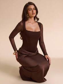 SHEIN BAE فستان سهرة طويل بطول الأرض للخريف والشتاء، بني داكن، بياقة مربعة وتصميم كورسيه مع لوحة شبكية وكشكشة ضيق الجسم وأكمام طويلة، مناسب لعيد الشكر والكريسماس ورأس السنة - بني - مشاهدة 7