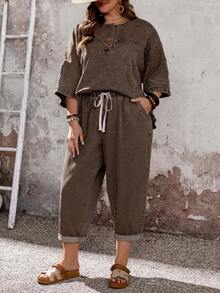 EMERY ROSE CURVE Plus Size Casual Washed Denim Top And Pants 2 Pieces Set - Brown - View 6