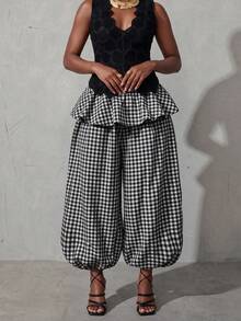 BamGlimmer Women's Plaid Pleated Casual Versatile Daily Lantern Pants - Black and White - View 5