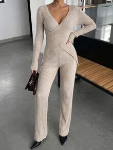 Cotton Ladies' Crisscross Ribbed Long Sleeve T-Shirt And Pants Two Pieces Set - Apricot - View 1