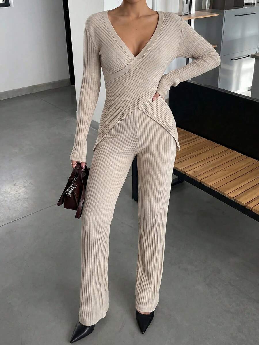 Cotton Ladies' Crisscross Ribbed Long Sleeve T-Shirt And Pants Two Pieces Set - Apricot - View 1