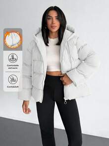 EURMUSE Solid Color, Zip Up, Hooded Winter Coat - White - View 2