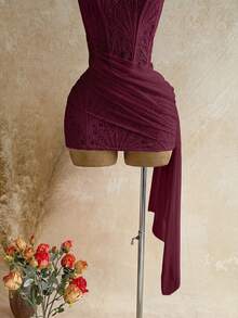 Soleia Women's Sexy Vacation Strapless Lace Textured Draped Mesh Ruched Bustier Mini Dress, Beach Night Out Club, Summer, Music Festival, Party, Burgundy - Burgundy - View 6