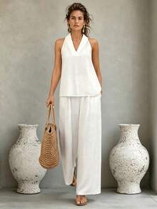 Hotletica V-Neck Halter Sleeveless Shirt Women, Summer Linen-Like Loose Camisole Top & Straight Loose Pants 2 Pieces Set - White - View 4