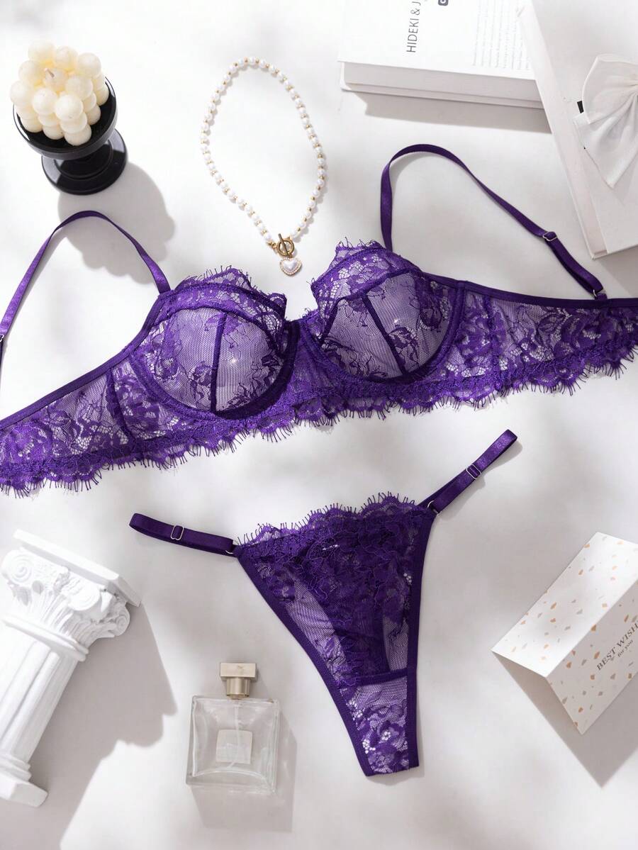 SHEIN 2件組玫瑰紅成熟性感風蕾絲拼接內衣套裝 - 紫色 - 查看 1