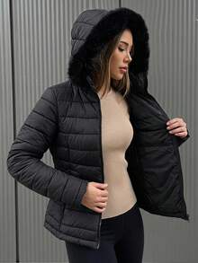 DAZY Women's Solid Color Plush Hooded Zip-Up Casual Daily Winter Padded Coat Fall Jacket - Black - View 6