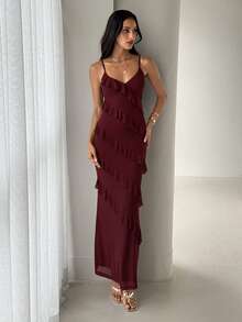 Aloruh Women's Spring/Summer Bohemian Elegant Ruffle Trim Fitted Dress Day Party Dinner Holiday Night Burgundy - Maroon - View 2