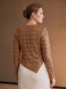 MOTF PREMIUM PLUS SIZE WOMEN'S AUTUMN/WINTER KNIT SEQUIN & METALLIC DECOR ASYMMETRICAL HEM TOP - Brown - View 6