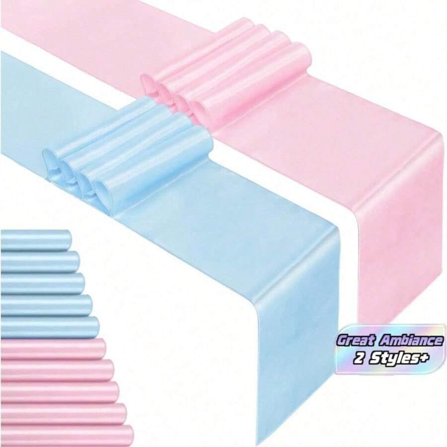 5Pcs Pink Blue Table Runner, 108 Inch Satin Table Runner For Shower Gender Reveal Blue Pink Silk Satin Table Runner For New Year Valentine's Day Wedding Banquet Birthday Party - 275 cm * 30 cm - View 1