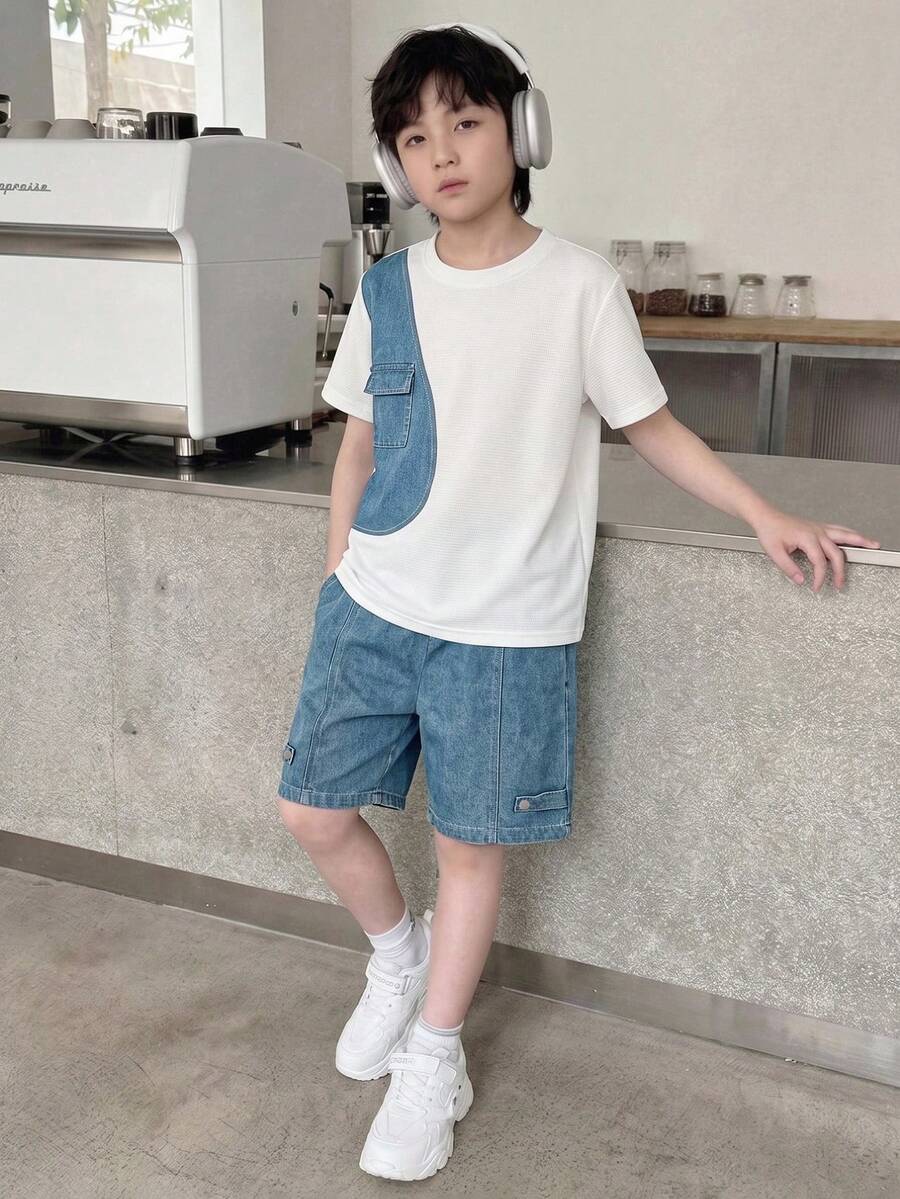 SHEIN Genkimix Kids 男童夏季水洗多功能時尚休閒舒適寬鬆設計,彈性腰直筒中藍色水洗丹寧針織拼接短褲套裝 - 中等水洗藍 - 查看 1