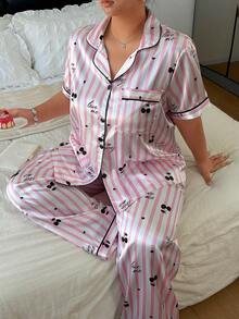 Napfluff CURVE Napfluff CURVE Plus Size Women's Faux Silk Cherry Striped Letter Print Lapel Front Button Pajama Set - Pink - View 6