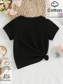 Girls' Fashionable Fresh Minimalist Pink Bow Print Basic Cotton Short T-Shirt, Comfortable Daily Wear Black Top - Black - View 2