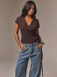 Athîral Women's Solid Color V-Neck Knotted Waist Casual Daily Knit Top - Coffee Brown - View 5