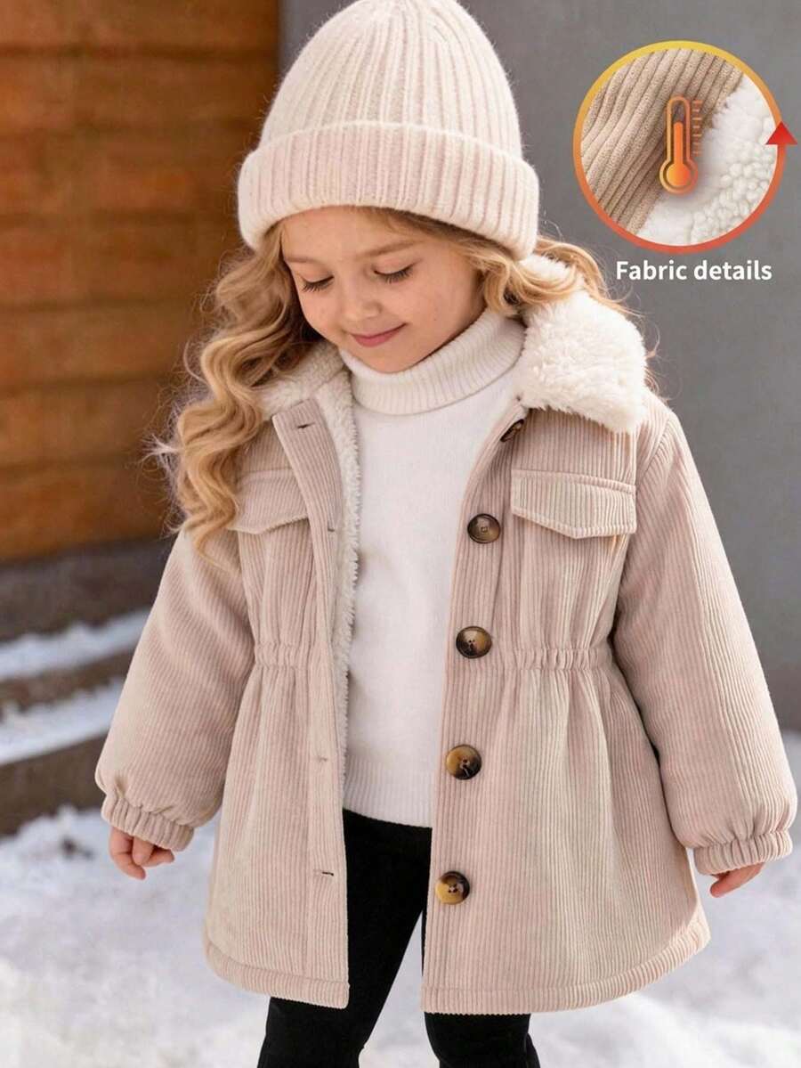 SHEIN 女嬰秋冬可愛百搭編織燈芯絨拼接保暖內裡翻領外套,適合秋冬穿著 - 杏色 - 查看 1