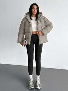EURMUSE Solid Color, Zip Up, Hooded Autumn Winter Coat Everyday Travel Grey Casual - Beige - View 4