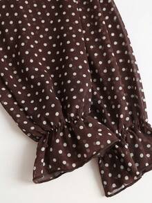 Sweetra Autumn/Winter New Fashion Design Rose Flower Ribbon Decor French Sweet Brown Polka Dot Chiffon Flowy Lightweight Vacation Long Sleeve Short Dress For Women - Brown - View 5